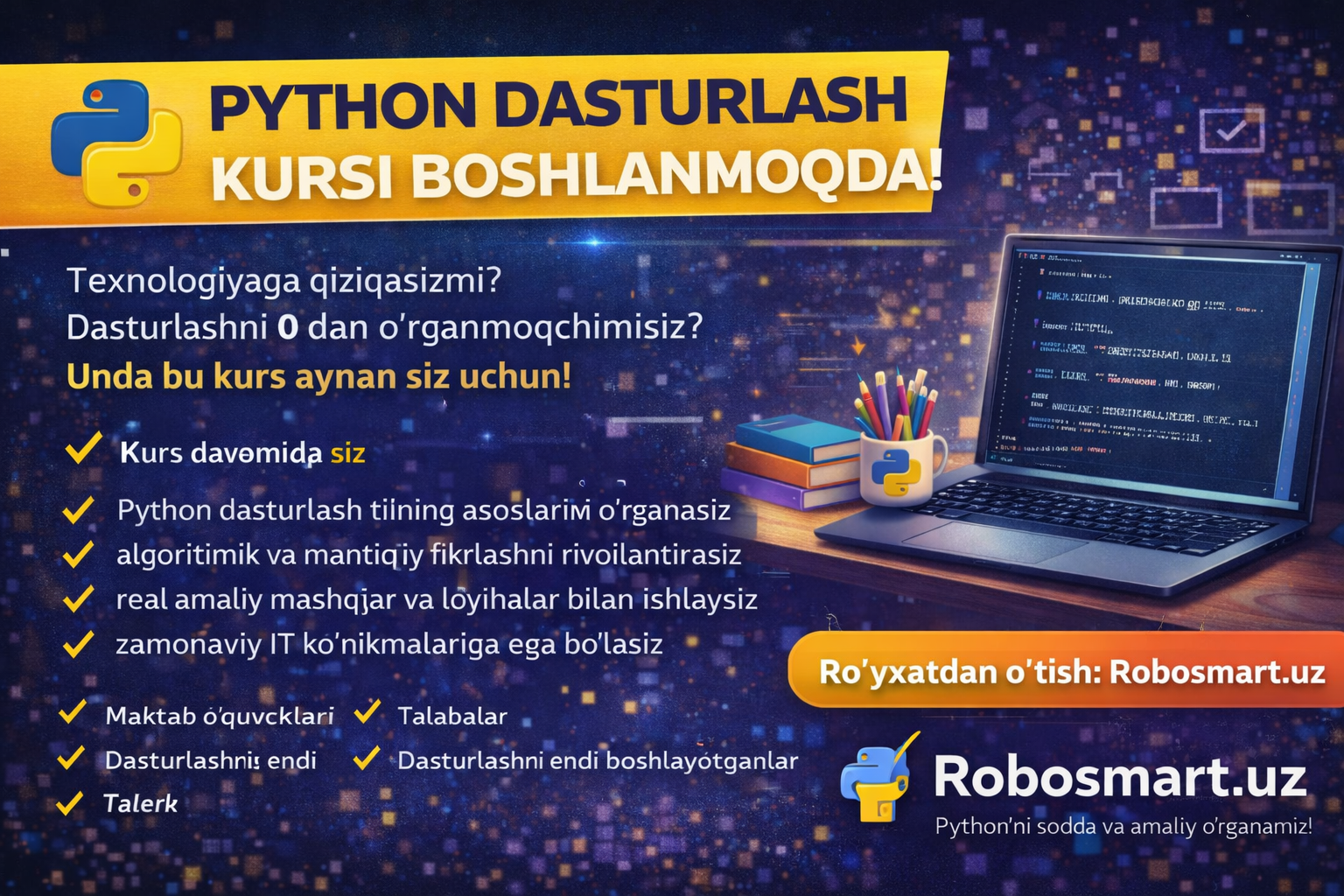Dasturlashni oson va tez oʻrganishni xohlaysizmi, unda bu taklif aynan siz uchun👇👇